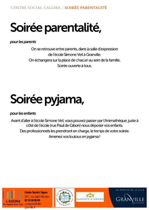 Soirée parentalité et soirée pyjama 8 octobre 2019.