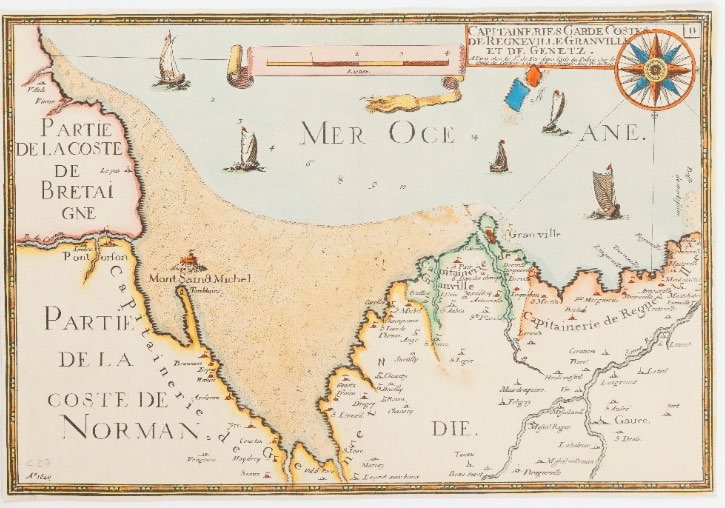 DP_MEDIATHEQUE_PROGRAMMATION_SEPTEMBRE-OCTOBRE_2022_09092022_MT_FG Capitaineries, gardes costes de Regneville, Granville et de Genetz (1640) Carte rehaussée à l’aquarelle (35 x 24 cm) – C 27